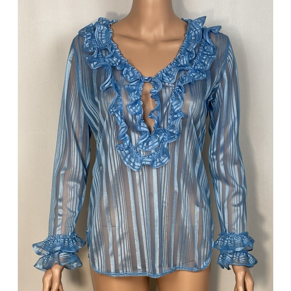 Vintage Fredericks of Hollywood Size Medium Blue Sheer Ruffle Blouse Striped Top